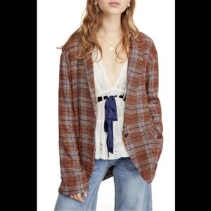 Free People Simply Plaid Women L Collared Oversized Blazer Cardigan Boho Nwot